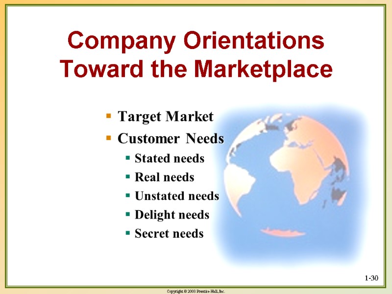 1-30 Company Orientations Toward the Marketplace Target Market Customer Needs Stated needs Real needs